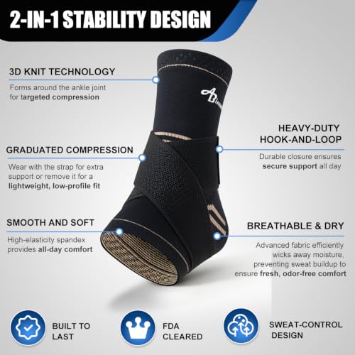 Image of ABIRAM Copper Ankle Brace for Men & Women - Adjustable Compression Sleeve with Support Strap for Daily Stability - Breathable Lightweight Support for All-Day Wear, Walking, Work & Light Activity