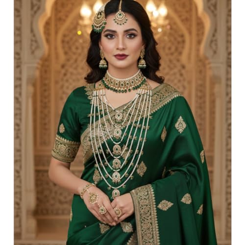 Image of TAZAKKA satlada traditional indian seven stand pearl necklace mughal hisporicall with jadavi earrings side jhumar maang tikka 5pies set