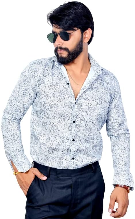 Flying BenzMen's Full Sleeve Shirt for Formal & Casual Wear | Grey Printed Slim Fit Cotton Shirt