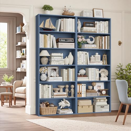 FOTOSOK 6-Tier Open Bookcase and Bookshelf Freestanding Display Storage Shelves Tall Bookcase for Bedroom Living Room and Office Blue Set of 2
