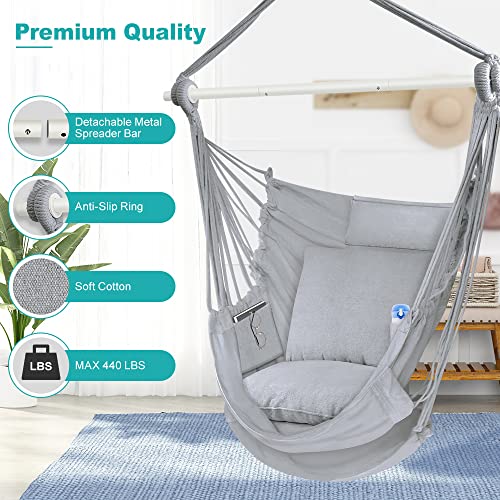 Outerman Hammock Chair, Hanging Chair With 3 Cushions And Foot Rest Support, Durable Metal Spreader Bar Max 440 Lbs, Swing Chair For Bedroom, Indoor & Outdoor, Patio, Porch Or Tree（Gray） #TOP2