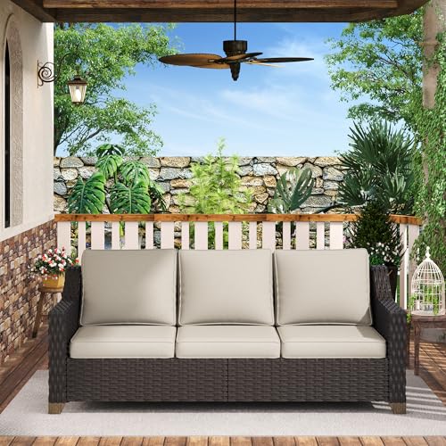 MeetLeisure 77'' Patio Sofa, All Weather Outdoor Rattan Wicker 3-Seat Sofa High Back Couch with Premium Cushions for Garden Backyard Porch(Brown/Beige)