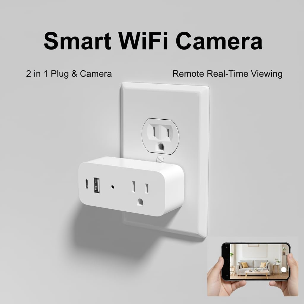 Plug Surveillance Camera, Mini 1080P FHD WiFi Cam with 3-Device Charging, Built-in 32GB SD Card, Remote Real-Time View Motion Detection, Wall Powered Wireless Multifunction Smart Indoor(No Audio)