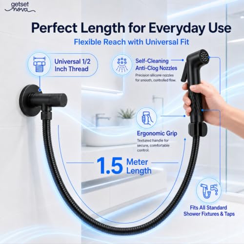 Image of Anti-Clog Jet Spray for Toilet with 1.5 Meter Pipe, ZeroBlock Silicone Nozzles, High Pressure Health Faucet, Leak-Proof Stainless Steel Jet Spray Gun, Bathroom Bidet Spray Full Set, Black
