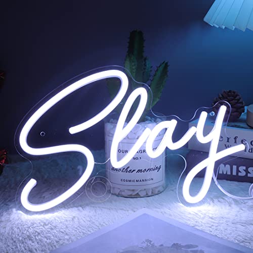 Image of SYLHOME Slay LED Neon Light Sign Cool Boys Girls Preppy Bedroom Game Play Room Wall Decor Sign Club Pub Bar Man Cave Game Birthday Party Decoration USB 11.8 inch X 8 inch Cold white