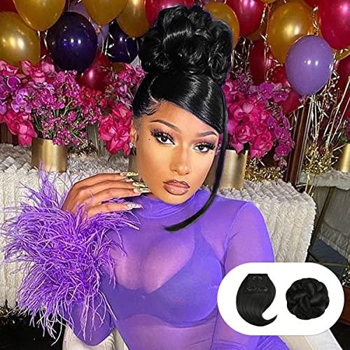 Instant Glitz Bang & Bun 2pcs, Bangs Hair Clip in Bangs Clip on Swoop Side Bangs Hair Bun Synthetic Chignon Bun Messy Bun Ponytail Hair Piece for Women – Swoop Side Bang & French Cruller (1)