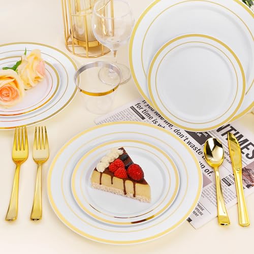 BESTSTAR 100PCS White Plastic Plates for Party, 10.25 Inch Disposable Plates with Gold Rim, Heavy Duty Dinner Plates for Christmas, Thanksgiving, Party, Wedding and Birthday - Image 6