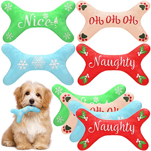 Jetec 8 Pack Christmas Dog Toys Christmas Plush Bone Puppy Holiday Toys Interactive Fetching Dog Toys Bone Shape Xmas Gifts for Small Medium Dogs, 4 Styles