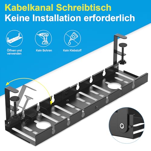 Kabelkanal Schreibtisch Ohne Bohren Schwarz, 33-55cm Verstellbarer Kabelmanagement Schreibtisch für Kabelversteck, Einziehbar Kabelwanne Ideal für Büro und Home, mit 22 Kabel Organizer Zubehörteilen