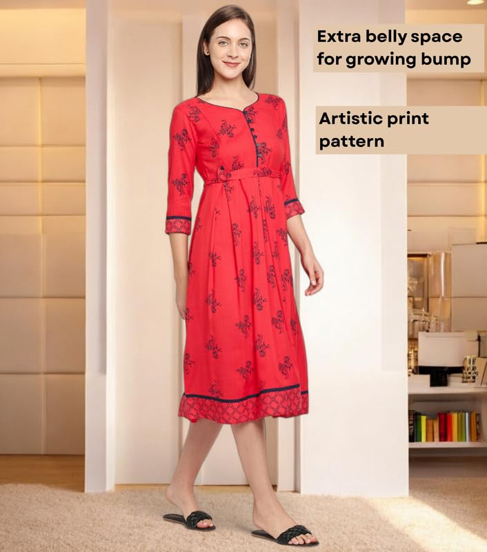 Image of DUMMY SHAPE Feeding Kurtis for Women Cotton Rayon | Printed Pregnancy Flare Kurta with Nursing Zippers to Pre & Post Partum | Maternity Dresses | Gifts for Pregnant Woman