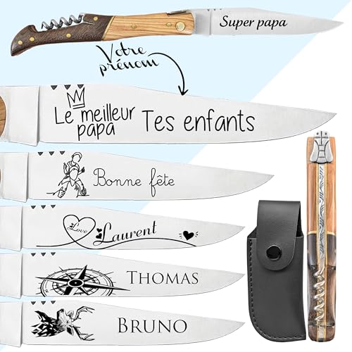 Couteau pliant laguiole le rustique personnalisé - Lame gravée avec un prénom - Modèle classique - Cadeau Fête des pères - Cadeau pour Homme, Papa, Papy - Idée cadeau personnalisable