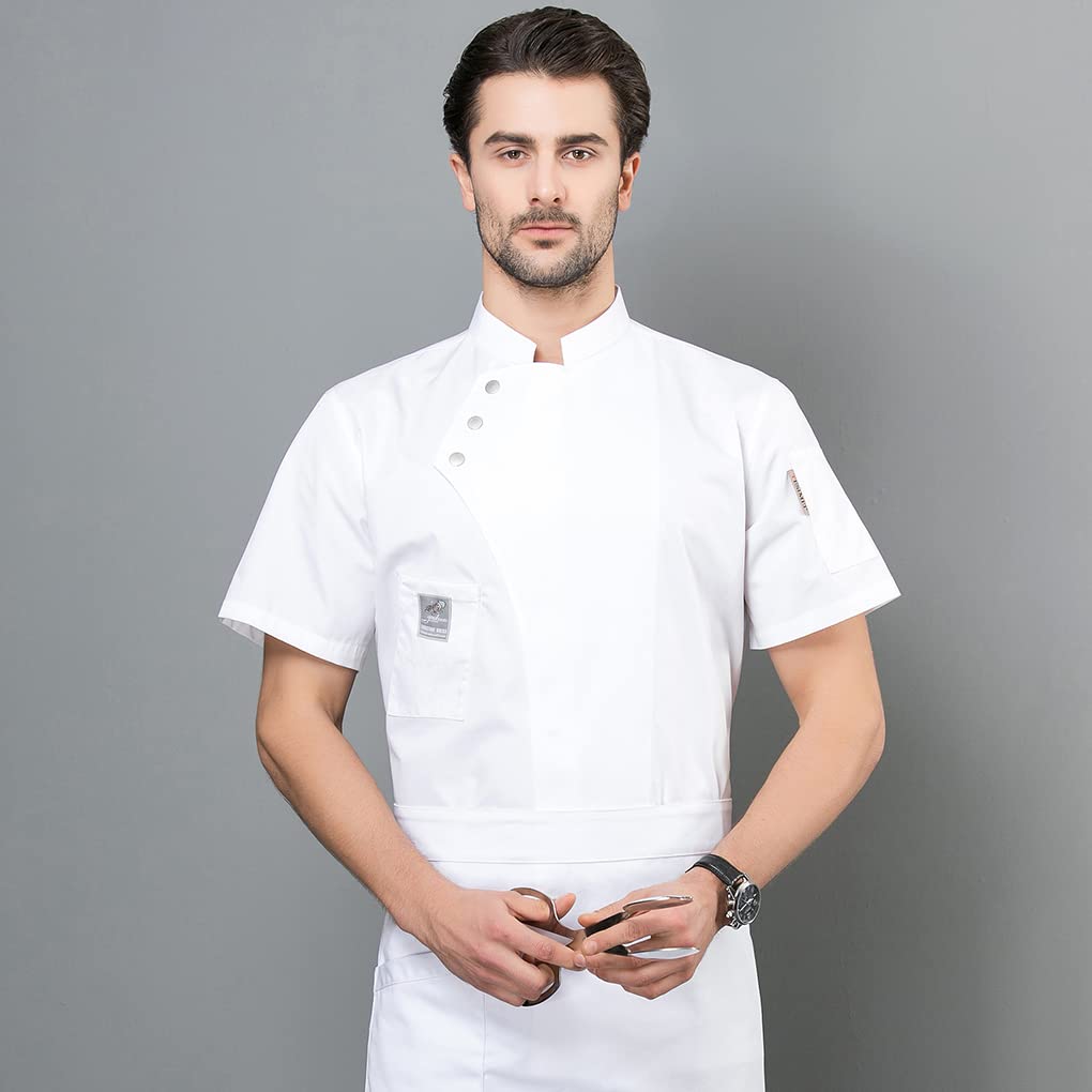 Chaqueta de chef, delantal de cocina, tres botones con bolsillos delanteros, ropa de verano, suministros de cocina para parrilla, restaurante, azul, XL