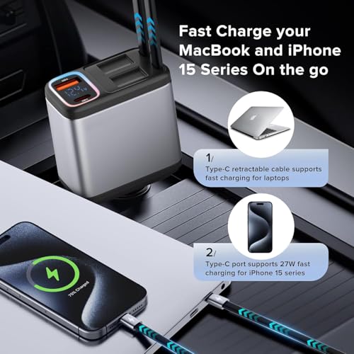 Image of bAssDrops 117 Watt Retractable Car Charger, Retractable Cables (31.5 inch) and 2 USB Ports Car Charger Adapter for iPhone 16 /15 /14 /13 /12 Pro Max, Samsung,Pixel
