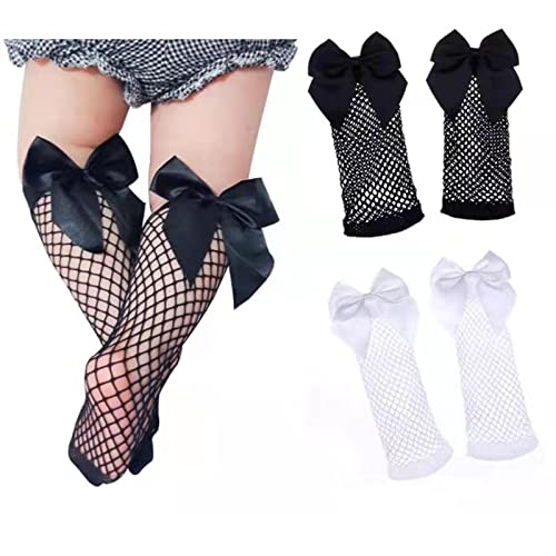 2 Pair Little Girls Fishnet Socks, Cute Sweet Mesh Lace Knee High Socks with Bowknot Decor Elastic Hollow Out Mesh Net Tight Stockings for Little Girls in White & Black