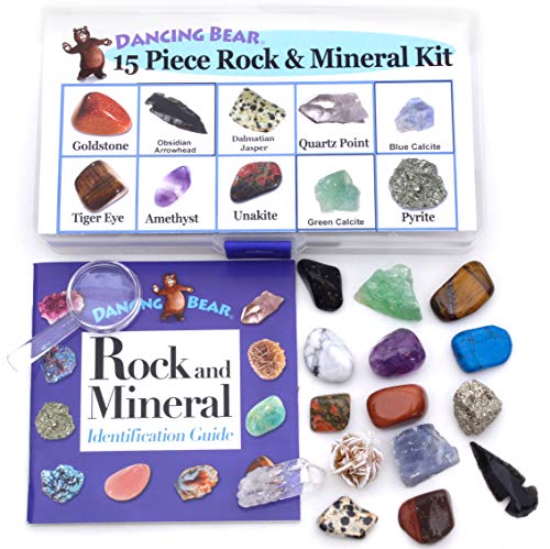 DANCING BEAR -15 Pc Rock & Mineral Collection with Collector Box/Display Case, ID Sheet, Rock Book, Magnifying Glass, Beginner Starter Set, Kids\' Gemstone Crystal Kit, STEM Geology Science Education