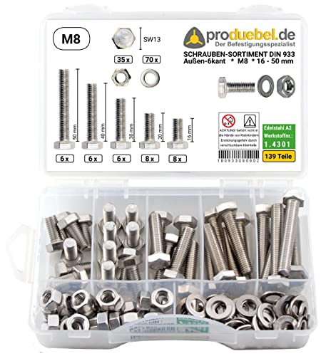 Basis Schrauben-Sortiment DIN 933 Edelstahl A2 V2A inkl. Mutter & Scheibe (DIN933+934+125) (M8 139 Teile)