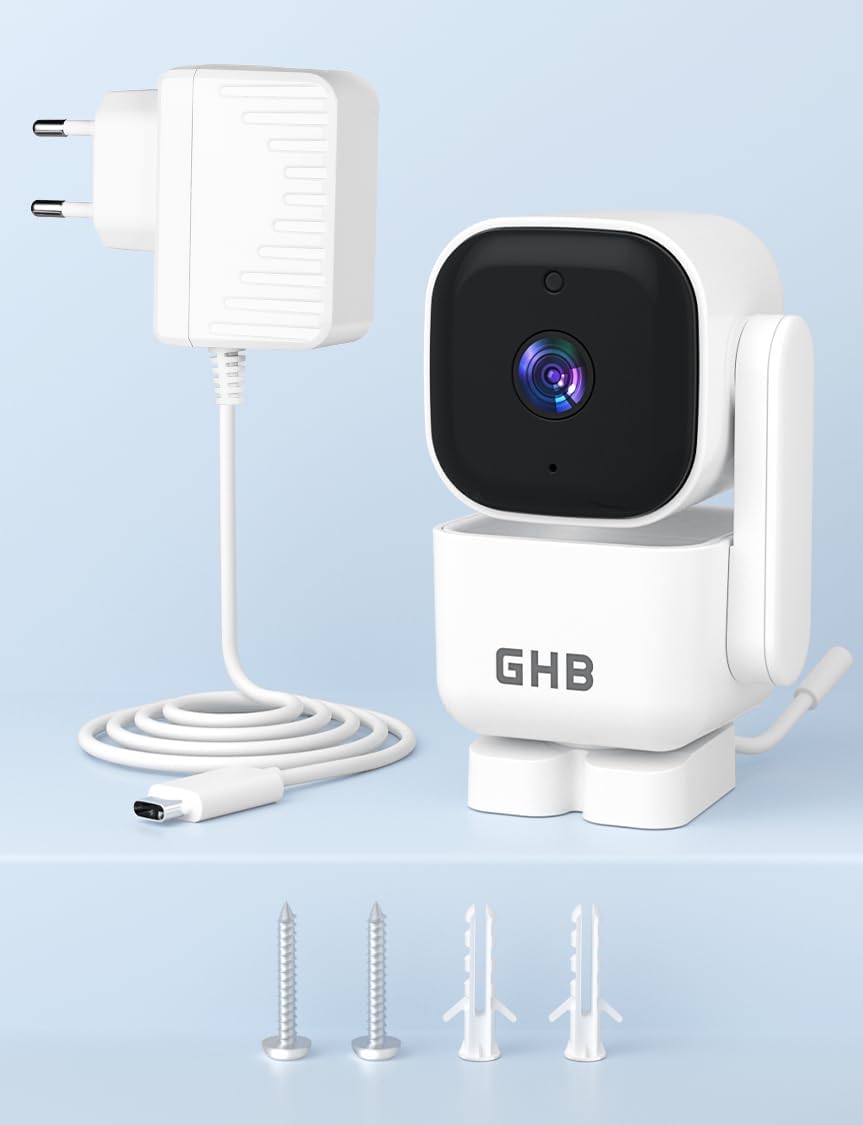 GHB ABM720 Baby Monitor Camera, power adapter, and mounting screws
