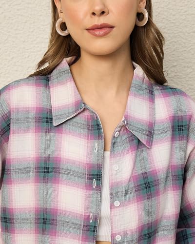Image of Chimpaaanzee Women Checks Half Sleeve Crop Shirt