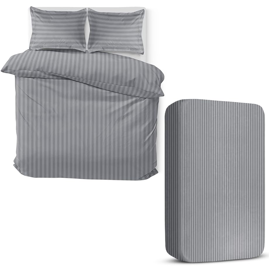 MOONLIGHT20015 4 Piece Double Bedding Set Satin Stripes Duvet Cover Fitted Sheet with Pillow cases Hotel Quality Soft Brushed Microfiber Grey