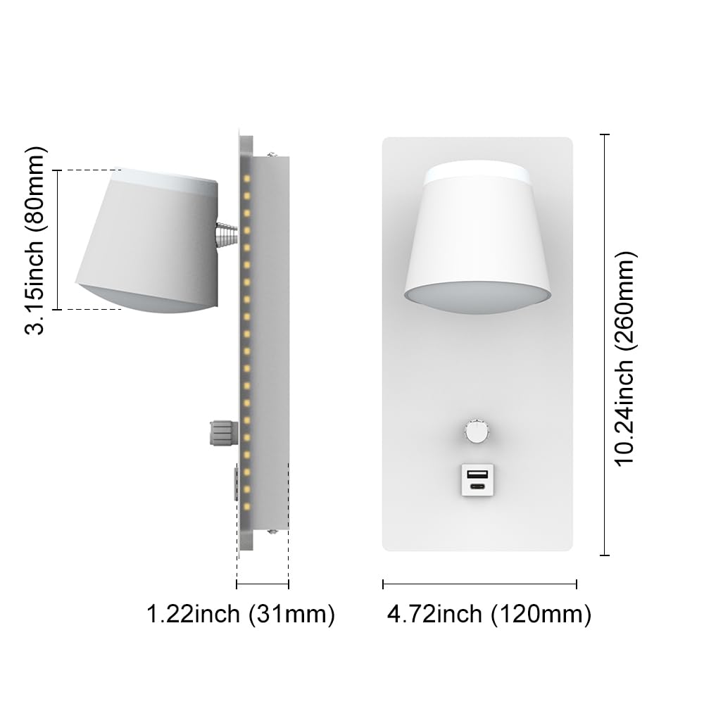 Sytmhoe 2 Pièces Appliques Murales Blanche Avec Port Usb Type C, Art Deco Led Blanc Lampe Murale Avec Interrupteur, 16W 3000K Dimmable Rotatif Liseuse Luminaires De Chevet Pour Chambre Salon Hôtel