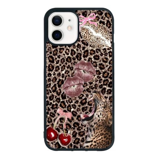 qizjio Cheetah Print Phone Case Shockproof Protective Cherry Lipstick Leopard Pattern Phone Cases for iPhone 12/12 Pro