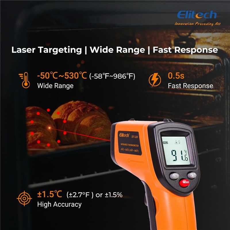 Elitech DIT-220 Infrared Thermometer measuring temperature of croissants in an oven with laser targeting