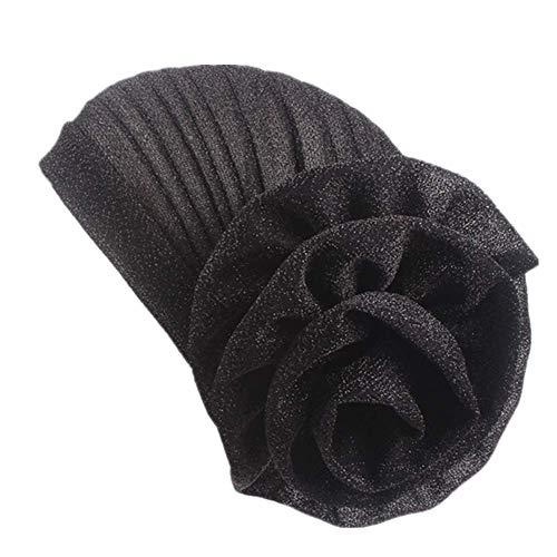 Fxhixiy Women Elastic Glitter Big Flower Turban Chemo Beanie Hair Loss Chemo Cap Hat, Black, One size
