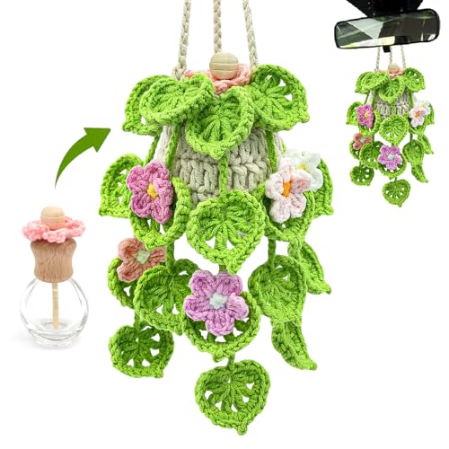 Crochet Car Air Freshener, 15ml Empty Refillable Oil Diffuser Bottle with Hanging Crochet Flowers Plant for Car Rearview Mirror Decor Air Freshener Diffuser for Home, and Office Decor(Flowers)