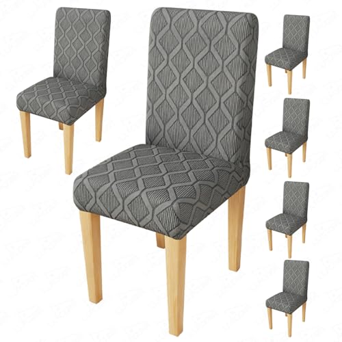 Image of Lukzer Elastic Dining Chair Cover - 6PC Pastel Dark Grey Diamond | Textured High Stretch Jacquard Seat Cover | Removable Washable Short Dining Chair Cover Protector Seat Slipcover | (CC-157-06)