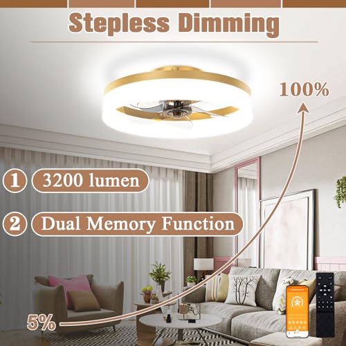 Image of VOLISUN Low Profile Ceiling Fans with Lights and Remote,15.7in Modern Ceiling Fan Flush Mount, 3000K-6500K Dimmable Bladeless LED Fan Light,Gold Fandelier Ceiling Fans with Lights for Bedroom
