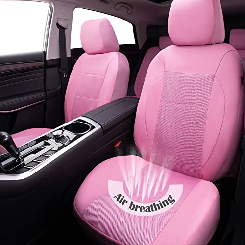 Image of CAR PASS Pink Leather Seat Cover Automotive Breathable Universal Car Seat Cover Set Package-Super 5mm Sponge Inside,Airbag Compatible, Interior Cover Cute for Women Car Truck Van All Pink