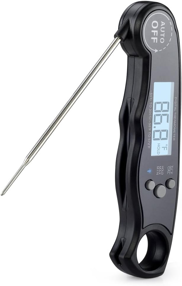 Instant Read Meat Thermometer, Digital Cooking Thermometer with Long Probe & Back light, Fast Accurate Waterproof Kitchen Thermometer for Food, BBQ Grill, Water, Milk, Baking (Black)