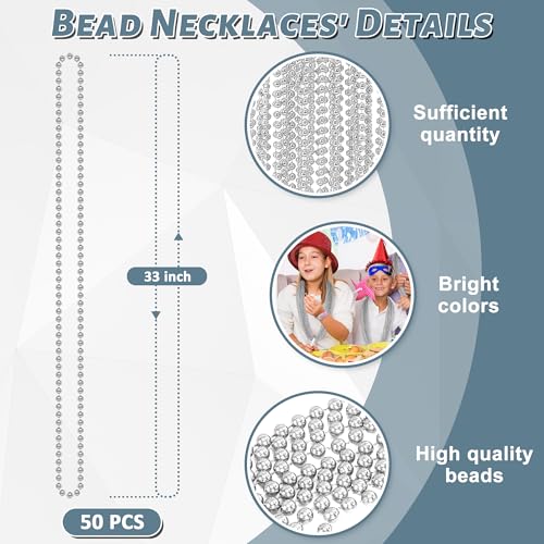 Image of EOBOH 50PCS Bead Necklace, Silver Christmas Bead Stuff Party Favors, 33 inch Xmas Necklaces Women and Men, Festival Events Parade Throw Accessories for Wedding Birthday Celebrations Decorations
