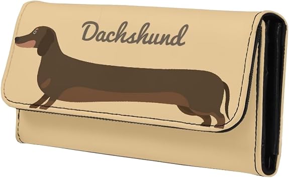 Fun Dachshund Dog Women Wallet Slim Long Trifold Clutch, Kawaii Puppy Checkbook Wallets with Zipper Pocket, Beige PU Leathers Wallet Purse Credit Card Holder