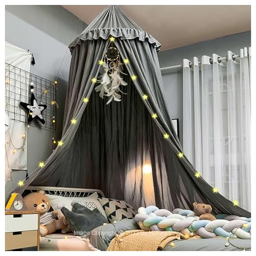 Hommi Lovvi Bed Canopy for Girls, Dreamy Frills Ceiling Hanging Princess Canopy Bedroom Decoration Soft Canopy Net Reading Nook, Extra Large Full Queen Size Bed Canopies - Grey
