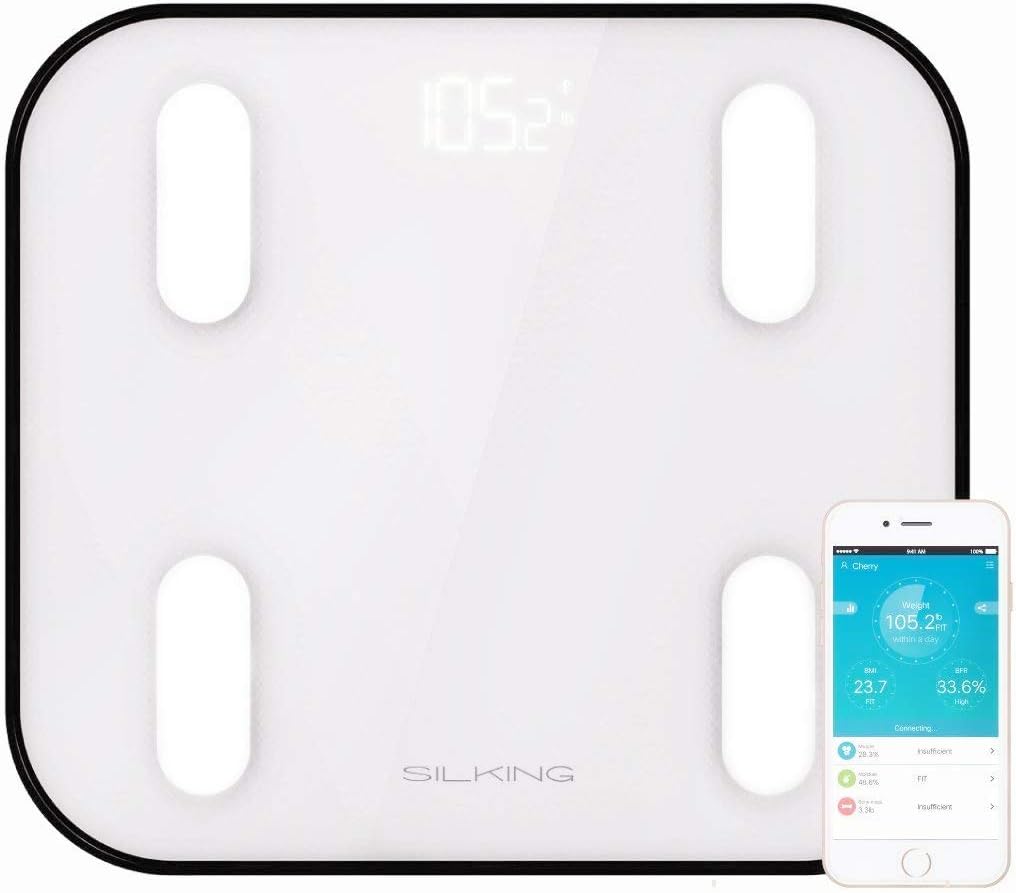 SILKING Digital Body Weight Bluetooth Fat Scale BMI Bathroom Glass with iOS & Android Free APP Monitor Accurate Body Composition Muscle Mass, BMR, Analyzer Calculator Up to 400lbs Backlight Display