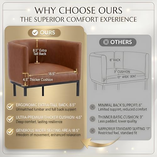 Image of HNY Modern Barrel Counter Height Bar Stools Set of 3, 24 Inch Kitchen Bar Stools with Back, PU Leather Barstools Bar Height for Island with Black Metal Tubular Frame, Brown
