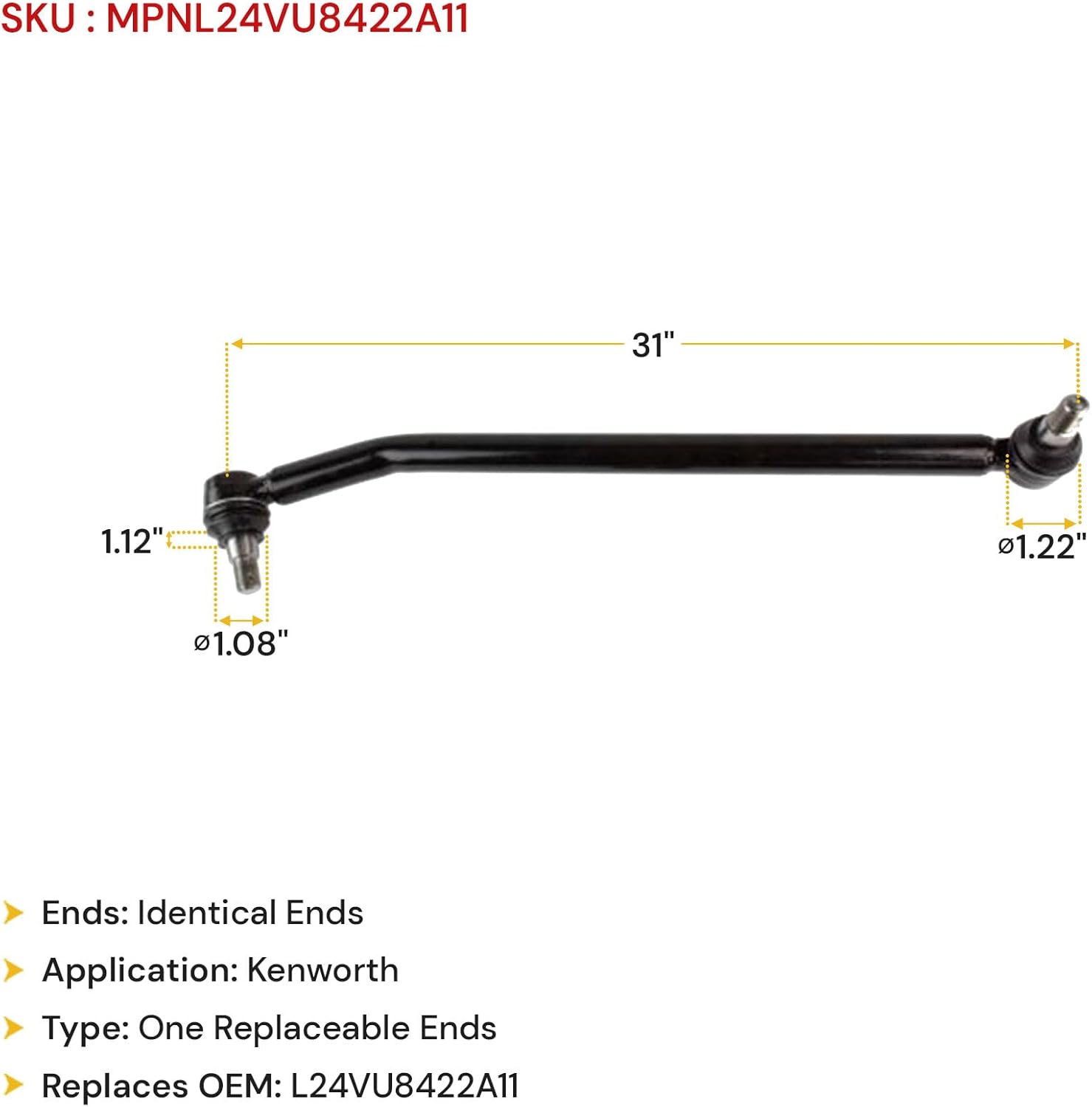 Mytee Products Steering Drag Link 31" Center to Center - Drag Link Assembly Replaces 463.DS5922A DAY-346572 DS5922A L24VU8422A11
