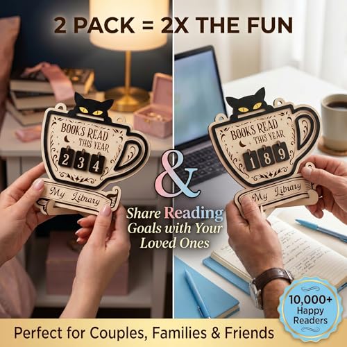 2 Pack Books Read This Year Counter,Cute Cat Wooden Book Tracker Sign for Couples Friends, Reading Counter for Bookshelf Decor, Gifts for Book Lovers Women Men Readers, Home Library Essentials — view 2