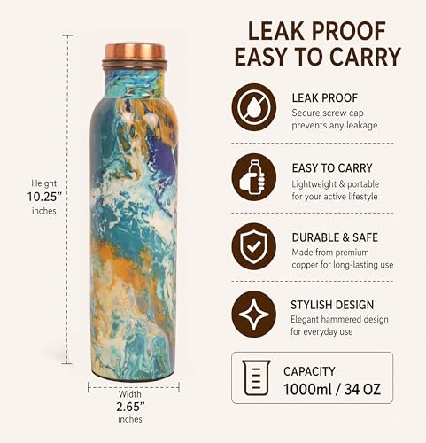Image of Pure Copper Water Bottle - Handcrafted - Ayurveda health benefits - Large 1000 ml - Leak proof - Easy to carry for Sports, Fitness, Yoga, School - Royal Mosaic 3D Vintage Colorful Enamel