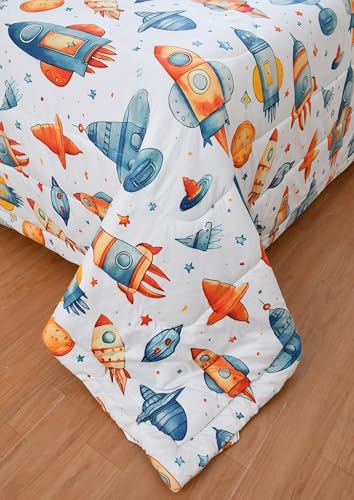 Image of FRESH FROM LOOM Rotary Printed Micro Fiber Comforter | Dohar | Quit | Double Bed | Double Weaved | Washable | Hypoallergenic Skin Friendly (White-Rocket | 90 x 95 Inch)