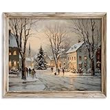 Christmas Winter Village Print, Snowy Holiday Art, Vintage Christmas Tree Wall Decor, Rustic Winter Landscape Painting, Cozy Festive Home Decoration, Holiday Wall Art Print (11X14inch-Unframed)