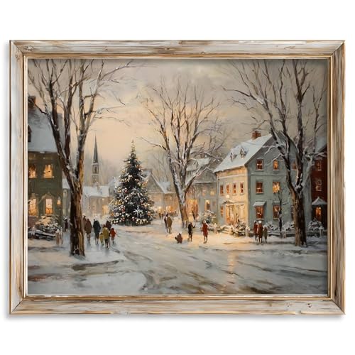 Christmas Winter Village Print, Snowy Holiday Art, Vintage Christmas Tree Wall Decor, Rustic Christmas Landscape Painting, Cozy Festive Home Decoration, Holiday Wall Art Print (11x14 Unframed, Winter Village)