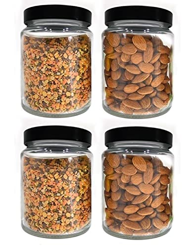Image of Piraml Glass Transparent Jars & Containers for Kitchen Pantry, Snacks, Masala, Pickles, Dry Fruits, Coffee Beans Storage with Black Color Double Layer Metal Pop Lid (Set Of 4) (770ml Round Black Cap)