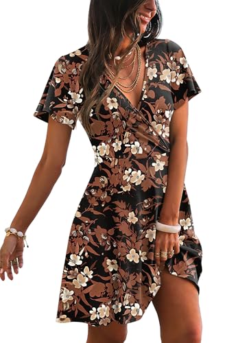 RUMIA Sundresses for Women 2026 Sexy Skater Dresses that Hide Belly Fat Summer Dress Floral Brown S