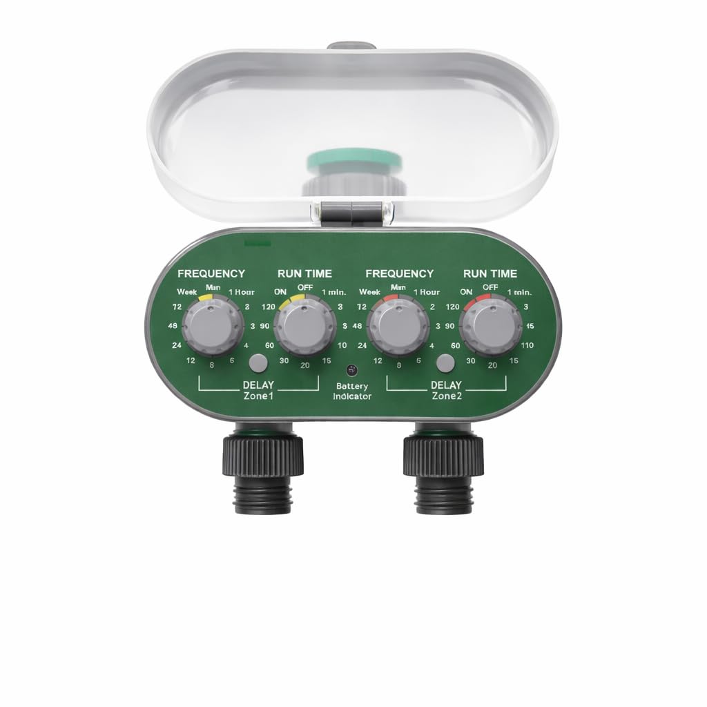 Mini Garden Water Timer, Dual Outlet, Battery Operated, 2 Dial Control, Automatic Irrigation Controller for Outdoor Tap, Lawn and Greenhouse