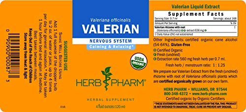 Herb Pharm Certified Organic Valerian Root Liquid Extract For Relaxation And Restful Sleep, Organic Cane Alcohol, 4 Ounce #TOP1
