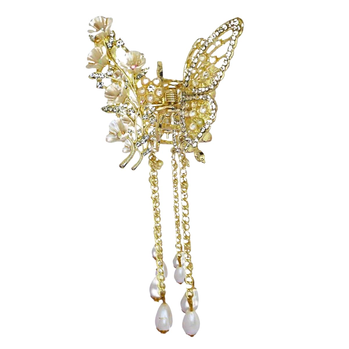 Butterfly Hair Claw Clip with Pearls and Rhinestones – Elegant Floral Hair Accessory with Dangling Chains for Women, Perfect for Weddings and Special Occasions