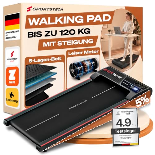 Sportstech Walking Pad bis 6 km/h manuelle Steigung bis 5% inklusive App Mitgliedschaft LCD Display Schrittzähler leicht & kompakt Transportrollen WalkMate bis 120kg Nutzergewicht