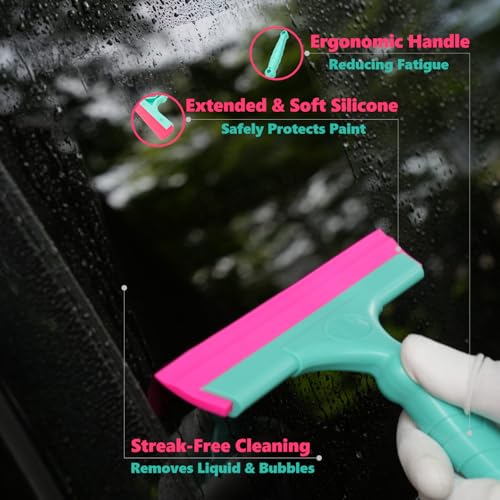 Image of Window Tinting Tool, Household Silicone Rubber Wiper, Water Blade, Car Vinyl Wrap kit, Glass Door Drying Scraper, Small Soft Squeegee, Cleaning Shower Water and Bathroom Mirror, Fluorescent Pink&Green